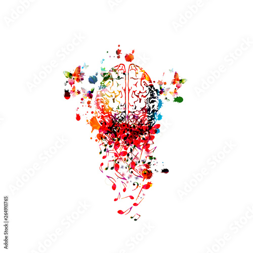 Music background with colorful human brain and music notes isolated vector illustration design. Artistic music festival poster, live concert events, party flyer, music notes symbols, composing