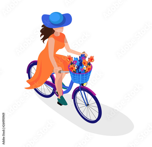 Lady on a bicycle. Beautiful woman on a weekend activities. Flowers in a pot. Isometric illustration