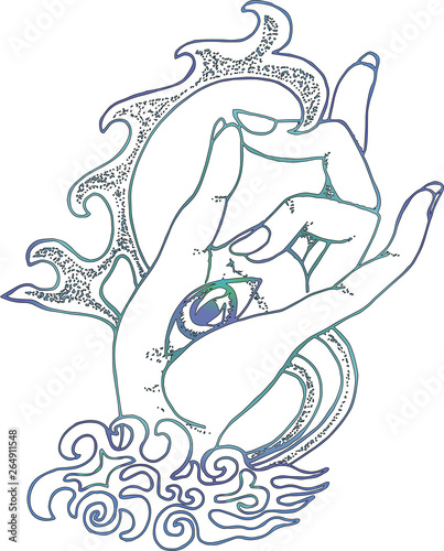 Gradient illustration of a hand in a wise position with an eye on the palm. Tattoo idea.