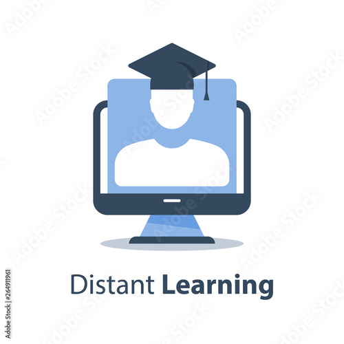 Web seminar, education webinar, online course, subject lecture, distant exam, computer monitor and person in graduation hat