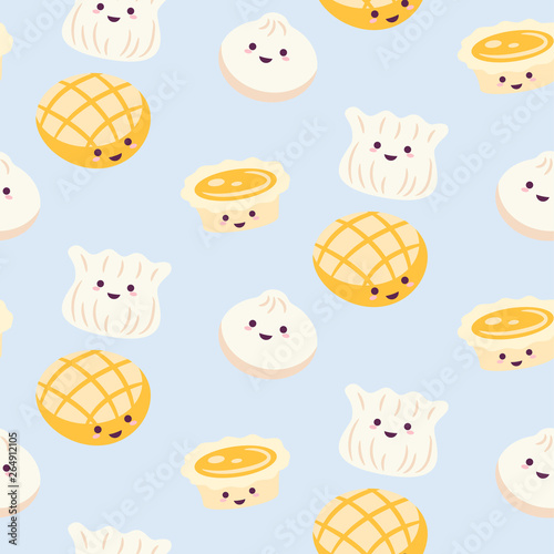 Chinese cuisine cartoon style food pattern vector with egg tart and dim sum light blue background.