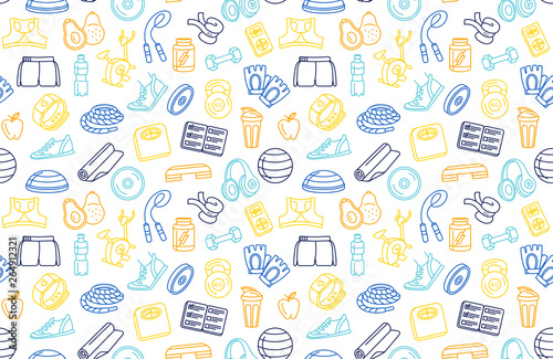 Sport, fitness, functional training background seamless doodle icons style pattern.