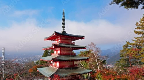 Colorful Autumn with Mountain Fuji and Chureito Pagoda in Japan around Lake Kawaguchiko