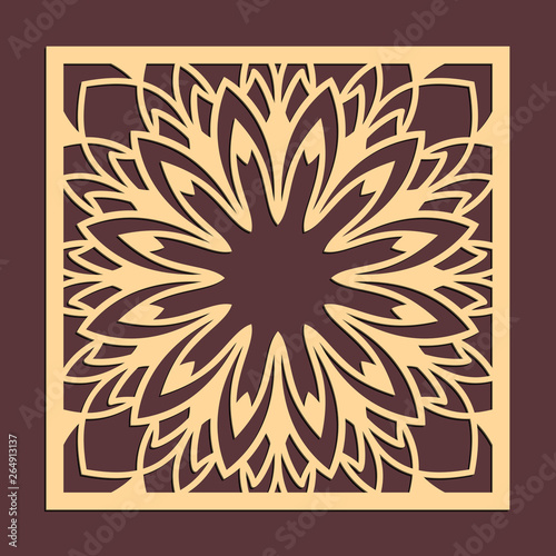 Laser cutting panel. Golden floral pattern. Gift or favor box silhouette ornament. Vector coaster design for metal, wood, paper work.