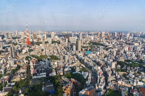 Panoramic aerial view on ultramodern busy capital city from a high skyscraper. Breathtaking cityscape seen on a summer day in Roppongi, Minato-ku district, Tokyo, Japan, Asia