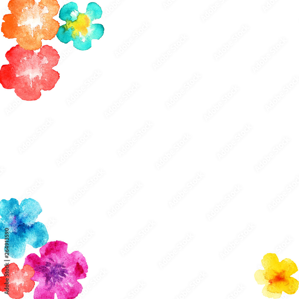 Watercolor many small multi-colored flowers on white background . Hand drawn illustration