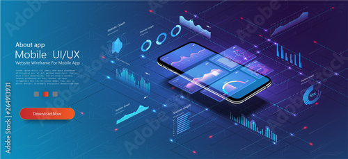 Market trend analysis on smartphone with line chart and graphs analysis. Design infographic, statistics on screen. Landing page template. Market trend analysis on smartphone with graphs. Isometric