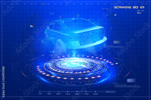 Smart Car. Abstract image of smart car in the form of a starry sky or space.Hologram auto in HUD UI style. Futuristic car service, scanning and auto data analysis. Futuristic user interface wireframe 
