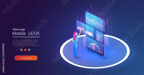 Online statistics and data Analytics, mobile phone applicetion for work. Isometric girl  working on digital marketing strategy landing page. Vector illustration