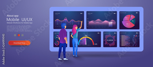 Data analysis landing. Digital Marketing analyst, marketing business website vector design with cartoon people. Financial review with  and infographic elements. Analysis data and Investment. 