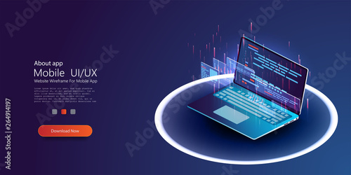 Laptop with program code isometric, software development and programming applications. Business concept developer or programmer development code and website. White neon circle. Vector illustrations.