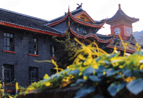 Black and red with the ancient buildings, bell tower, teaching buildings, monuments, traditional Chinese architecture, plants, sunshine photo