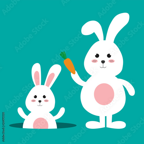Happy Easter bunny with carrot flat style isolated on green background