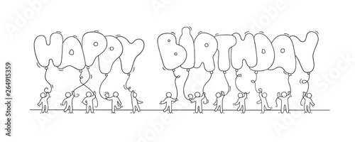 little people with words Happy Birthday.