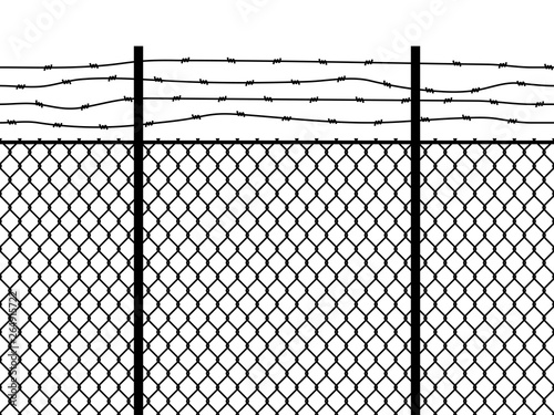 Prison fence. Seamless pattern metal fence wire military wall linkage barbed border security perimeter grid vector black texture