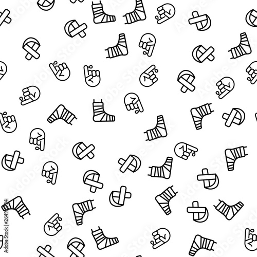 Human Injury And Treatment Seamless Pattern Vector. Bandage, Broken Foot And Cast, Bleeding From Finger Or Blood Test Treatment Monochrome Texture Icons. Healthcare Template Flat Illustration