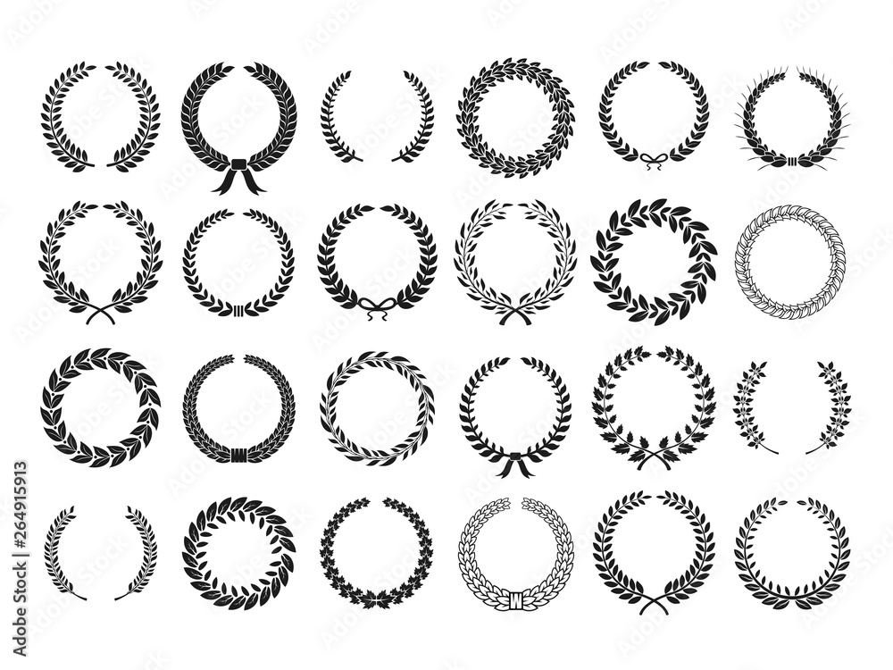 Laurels wreaths. Greek leaf wreath laurel oak foliate olive leaves heraldic awards champion victory triumph certificate, vector icons Laurels wreaths. Greek leaf wreath laurel oak foliate olive leaves heraldic awards champion victory triumph certificate, vector icons