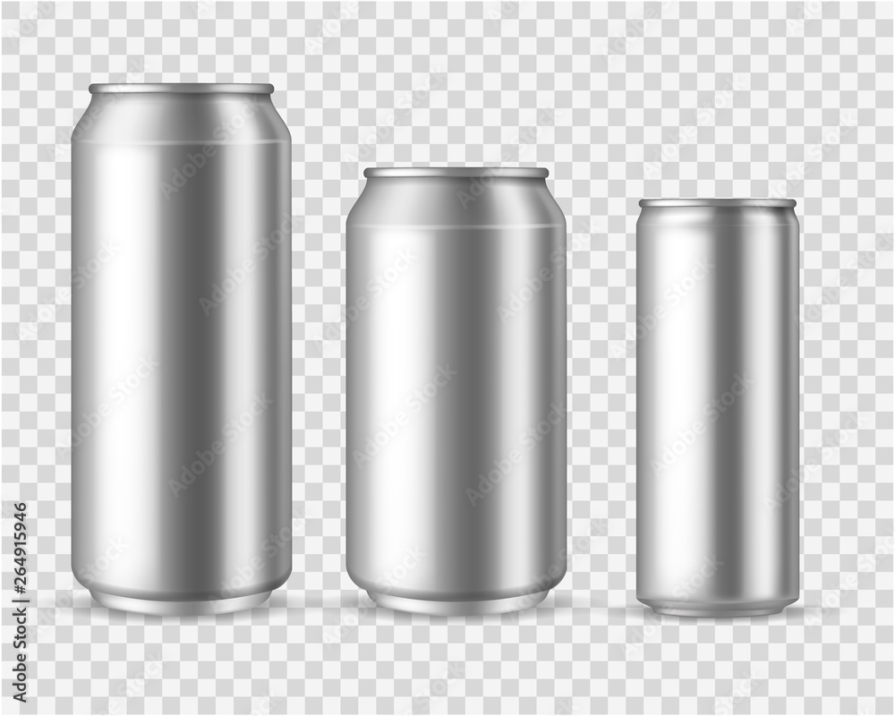 Realistic aluminum cans. Blank metallic can drink beer soda water juice ...