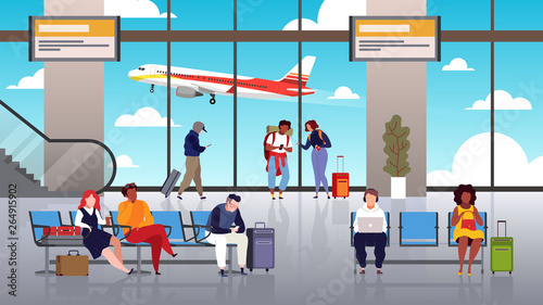 Airport terminal. People travel tourist with luggage control hall departure airport passengers transit takeoff plane vector concept