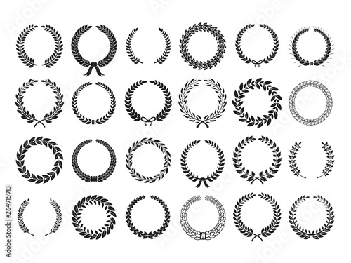 Laurels wreaths. Greek leaf wreath laurel oak foliate olive leaves heraldic awards champion victory triumph certificate, vector icons