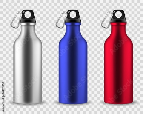 Metal water bottle. Drinking reusable bottles, drink aluminum flask fitness sports realistic stainless vector set