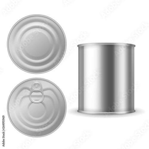 Metal tin can. Canned foods mockup, aluminium steel package closed with ring pull, realistic silver blank vector isolated template