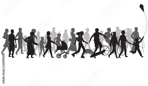 People crowd silhouette. Group of person with shadows walk. Family and children, couple together, bicycle vector illustration photo