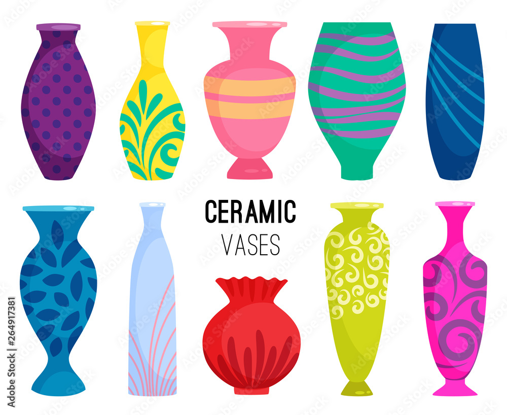 Ceramic vases collection. Colored ceramics vase objects, antique pottery cups with flowers, floral and abstract patterns isolated on white vector illustration Ceramic vases collection. Colored ceramics vase objects, antique pottery cups with flowers, floral and abstract patterns isolated on white vector illustration
