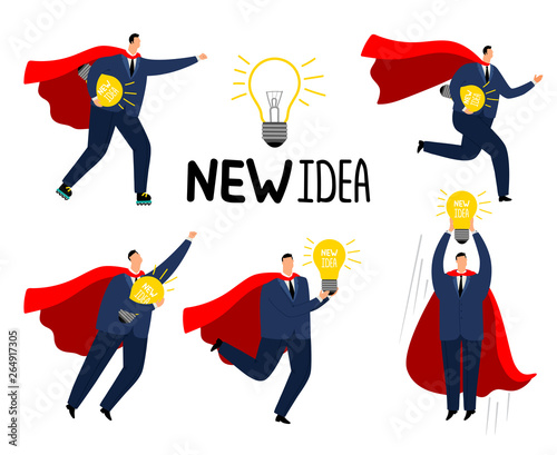 Super idea businessman. Brave strong business man superhero in red cape with new idea, crisis management cartoon character, vector market success concept vector illustration