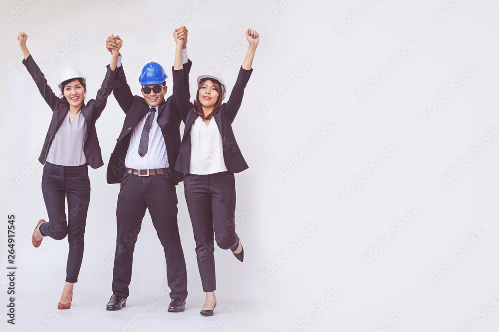 engineer and architect standing with open arms amidst happy engineer and architect standing with open arms amidst happy