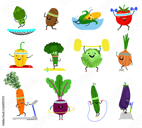 Vegetables sports characters. Funny wellness vegetable food set with laughing faces in sport exercising, broccoli carrot, yellow pepper cucumber vector illustration
