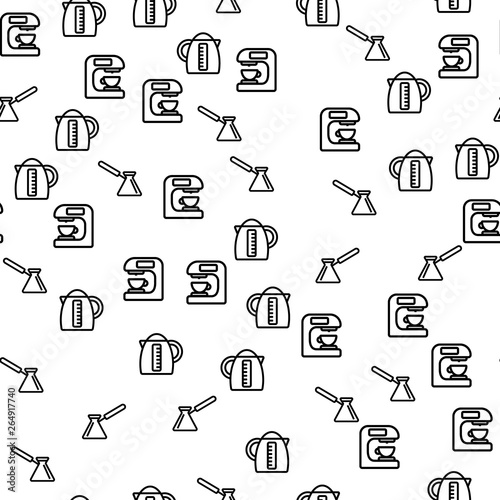 Coffee Brewing Method Seamless Pattern Vector. Coffee Machine, Electric Teapot And Turk Barista Equipment For Aroma Espresso And Capuccino Monochrome Texture Icons. Template Flat Illustration