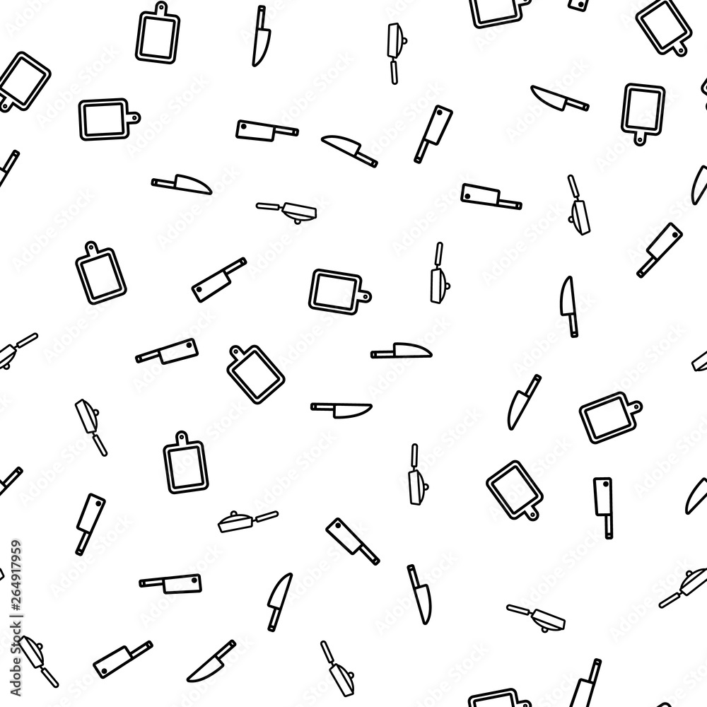 Cooking Kitchen Elements Seamless Pattern Vector. Knife, Kitchen Ax, Pan And Cutting Board Kitchenware Monochrome Texture Icons. Collection Chef Equipment Template Flat Illustration
