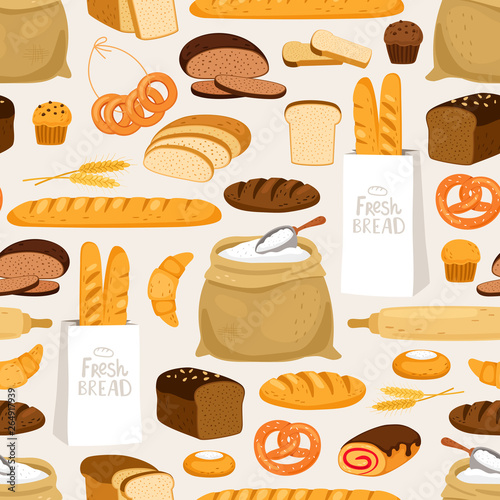 Bakery bread seamless pattern. Cartoon breads products and pastries, ears and flour bakeries on beige vector background