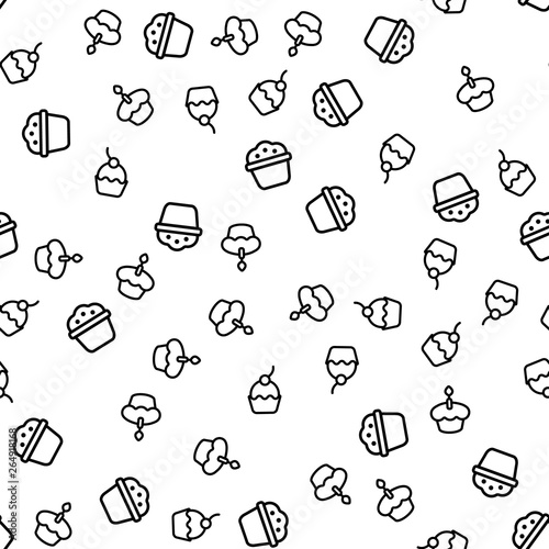 Variety Delicious Muffins Seamless Pattern Vector. Muffins With Poppy Seed Or Chocolate Chips, Cherry And With Candle On Top Monochrome Texture Icons. Different Cupcakes Template Flat Illustration