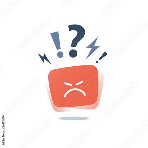 Angry red face, mad emoticon sticker, negative thinking, bad experience feedback, difficult communication, poor service quality
