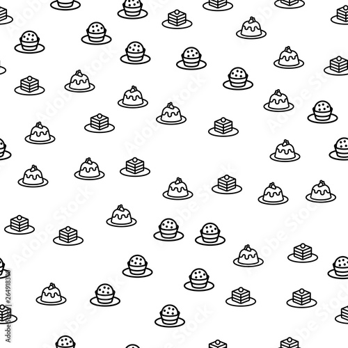 Delicious Sweet Breakfast Seamless Pattern Vector. Dulcet Muffin, Creamy Piece Of Cake With Cherry And Strawberry On Top For Breakfast Monochrome Texture Icons. Template Flat Illustration