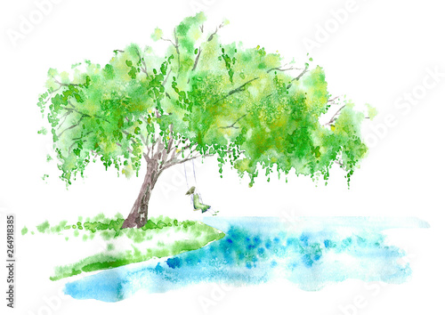 Deciduous tree and girl on swing . Spring rural landscape. Watercolor hand drawn illustration.