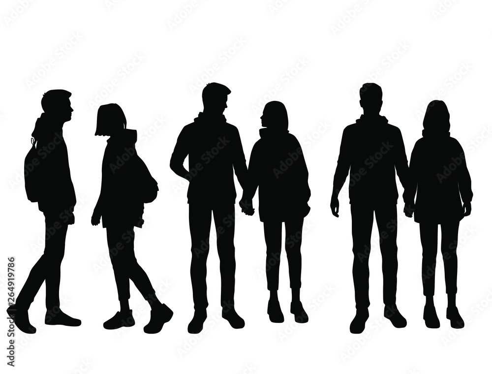 Vector silhouettes of  man and a woman, a couple of standing ahd walking business people with backpack, black color isolated on white background