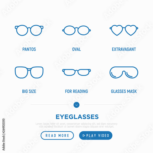 Eyeglasses thin line icons set: pantos, oval, extravagant, big size, for reading. Modern vector illustration.