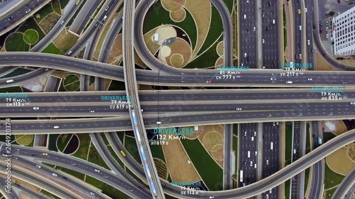 Concept of aerial view from above of traffic on elevated expressway with futuristic autonomous, driverless car, train using artificial intelligence computer network and satellite gps for navigation