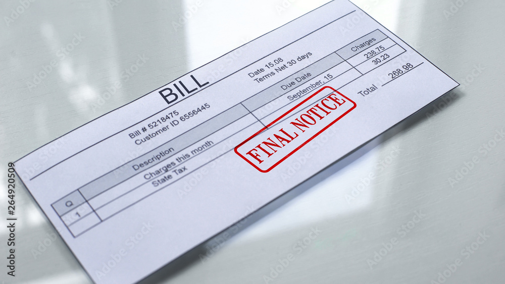 Fototapeta premium Final notice seal stamped on bill, payment for services, month expenses, tariff