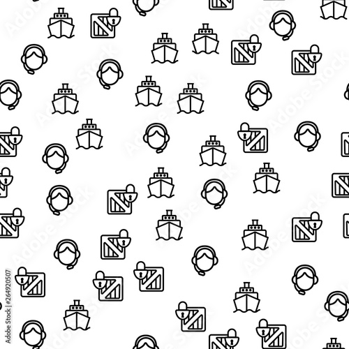 Shipping Safe Delivery Seamless Pattern Vector. Ship, Woman Dispatcher And Closed Container Cheapest Cargo Delivery Customer Service Monochrome Texture Icons. Template Flat Illustration