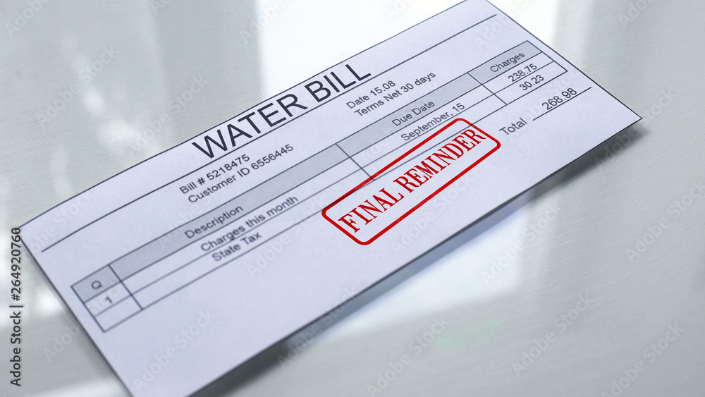 Final reminder seal stamped on water bill, payment for services, month expenses Final reminder seal stamped on water bill, payment for services, month expenses
