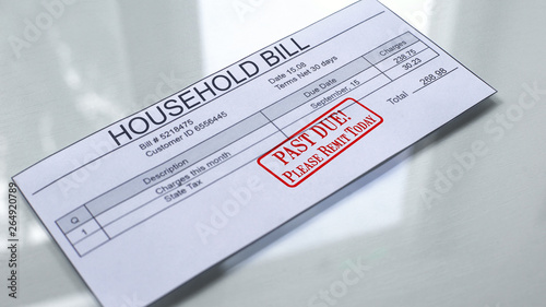 Past due seal stamped on household bill, payment for services, month expense