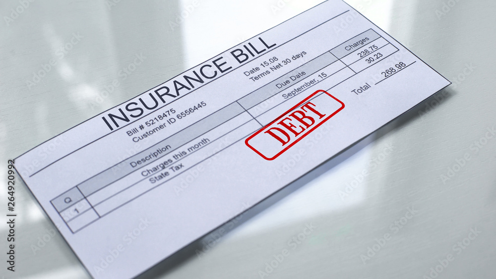 Insurance bill debt, seal stamped on document, payment for services, tariff Insurance bill debt, seal stamped on document, payment for services, tariff