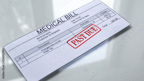 Medical bill past due, seal stamped on document, payment for services, insurance