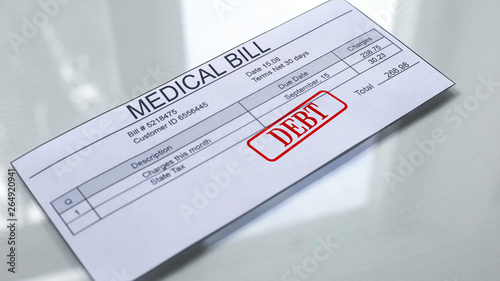 Medical bill debt, seal stamped on document, payment for services, tariff