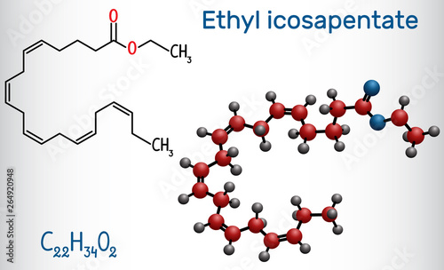 Ethyl eicosapentaenoic acid (icosapent ethyl) molecule. Structural chemical formula and molecule model