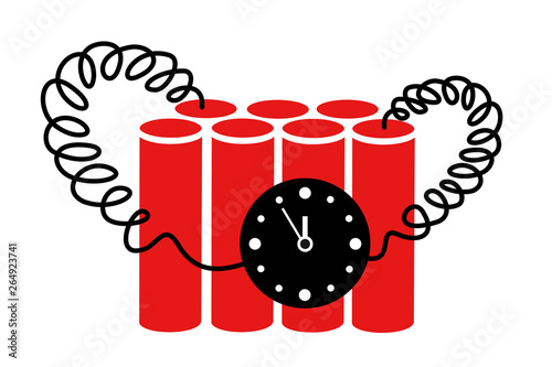 Dynamite with clock dial - Bomb and explosive chrage is going to explode and blow up after countdown. Vector illustration.